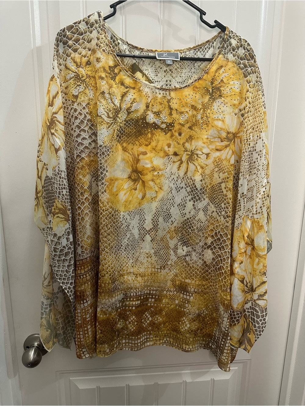JM Collection Women's Yellow Floral & Snake-Print Long Sleeve Top 2x